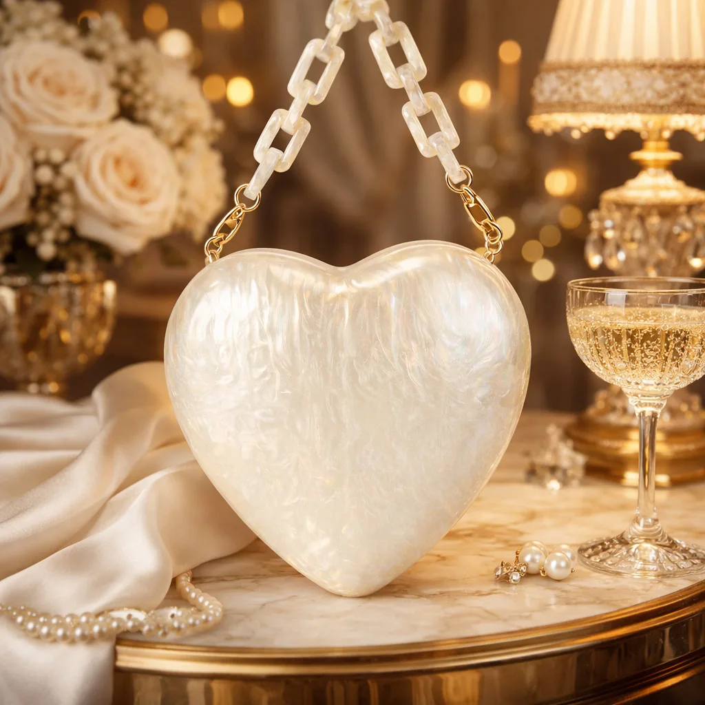 Soft and Sophisticated Pearl-Textured Heart - Shaped Acrylic Evening Clutch for Women with Chain - Buckle Strap for Dinner Dates