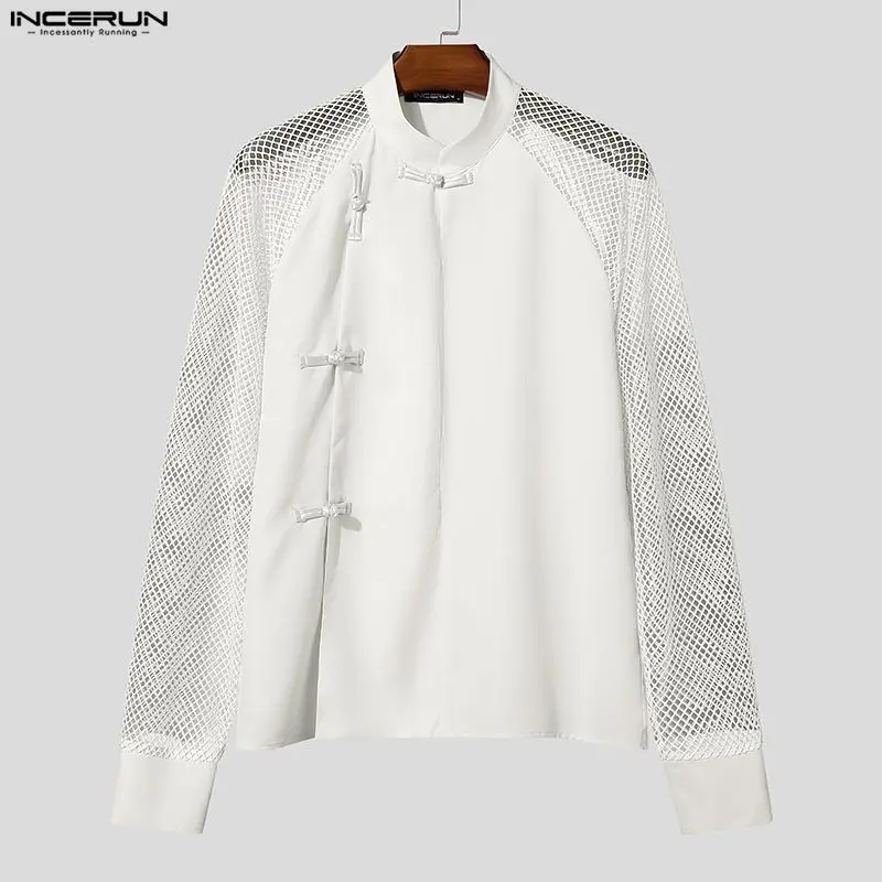 INCERUN Men's Shirt Mesh Patchwork See Through Hollow Out Vintage Menswear Clothing Chinese Style Casual Tops Shirts For Man