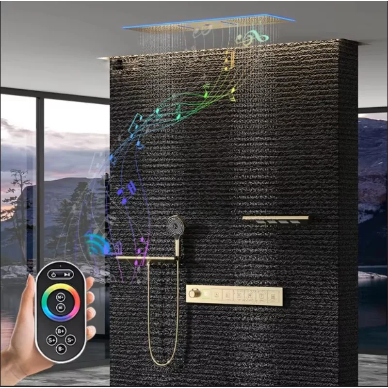 900 * 300mm 6 Functions Light Emitting Diode Thermostatic Shower Set Rain Waterfall Bathroom Intelligence System with Music