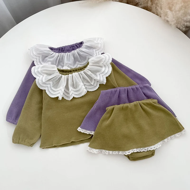 2024 New Autumn Newborn Baby Girls Clothing Set Long Sleeved Cotton Lace Patchwork Pullover+PP Shorts Children Clothes Suit