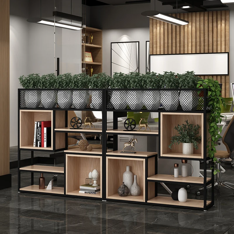 

Wrought iron office partition industrial wind flower stand American simple retro floor solid wood bookshelf LOFT display stand