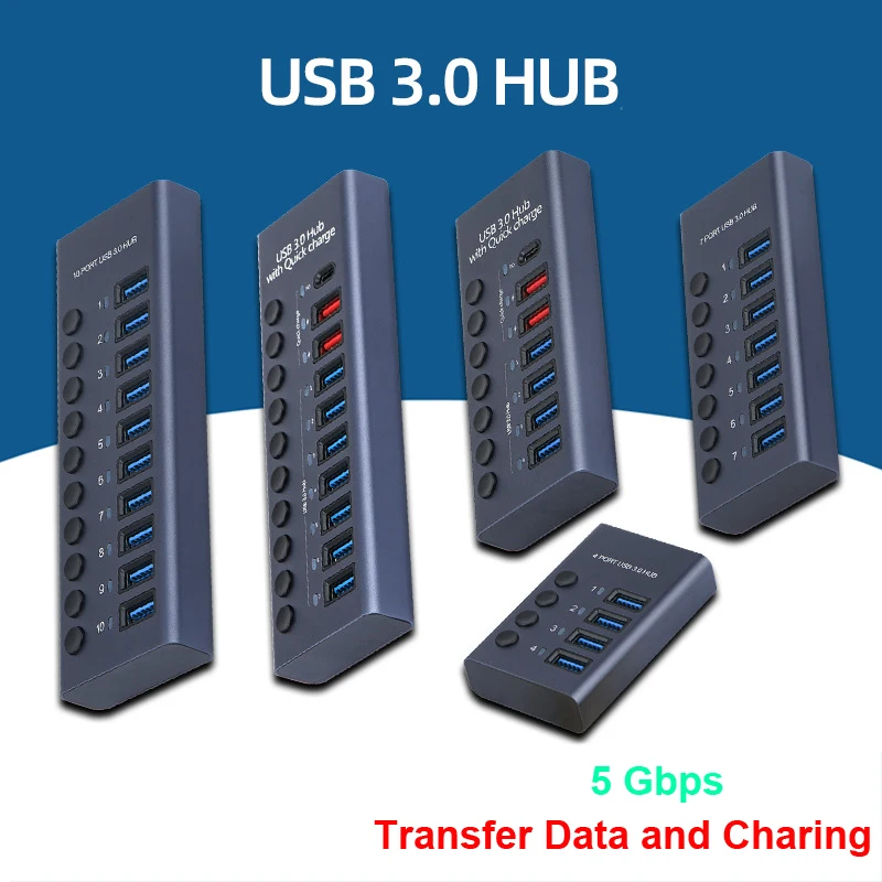 USB 3.0 Hub Charger Station Socket Switch 10 7 4 Multi Ports PD 20W Transfer Data 5Gbps Power Supply For iPhone 15 14 Tablet PC