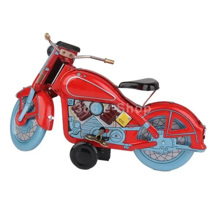 Mainan mesin jam motor, [Lucu] koleksi dewasa Retro angin mainan logam timah bergerak Vintage sepeda motor mekanik mainan figur model hadiah anak-anak