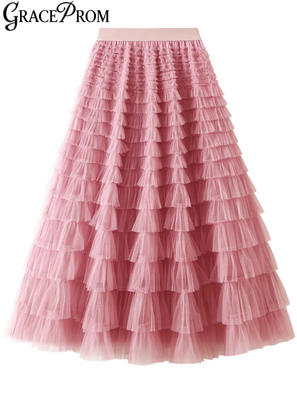 Dusty Pink Multi Layer Ruffled Tulle Maxi Skirt Women High Waist Tiered Long Tutu Skirt Wedding Party Evening Formal Dress