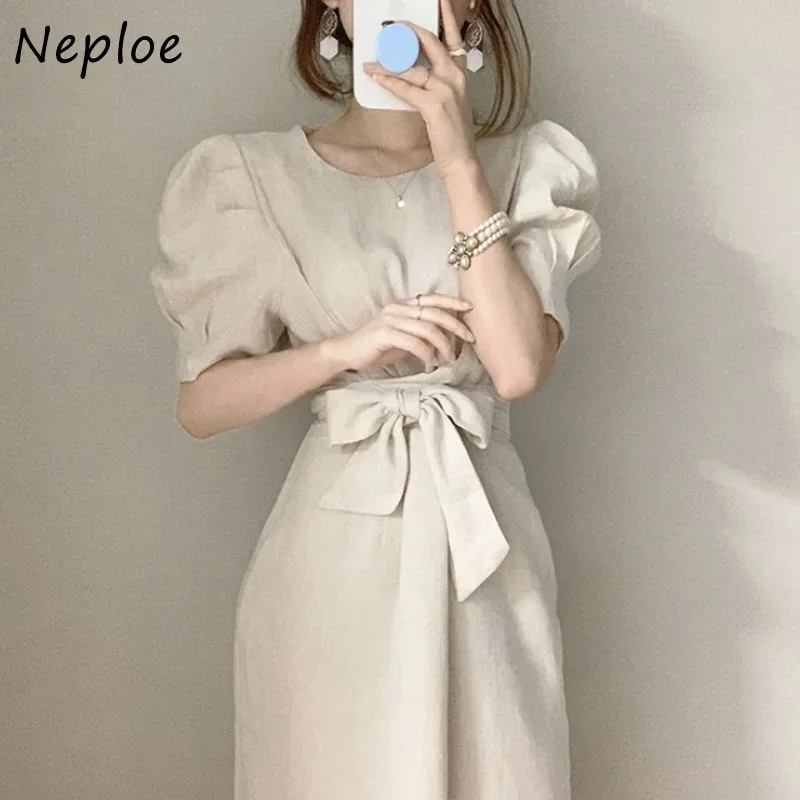 Neploe Summer Dress for Women 2024 Solid Office Ladies Puff Sleeve Korean Chic Vestidos Bow Bandage Robe Femme A-line