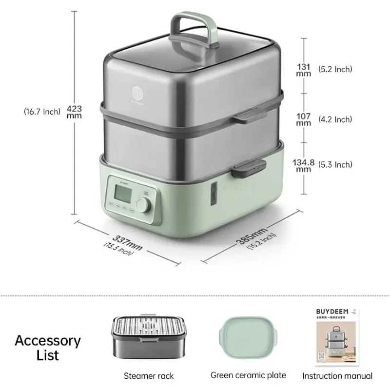 BUYDEEM G67US-A503 جهاز بخار الطعام الكهربائي للطهي، جهاز بخار من الفولاذ المقاوم للصدأ بإطارين مع وضع يدوي، 1500 وات، 14 كوارت، أخضر