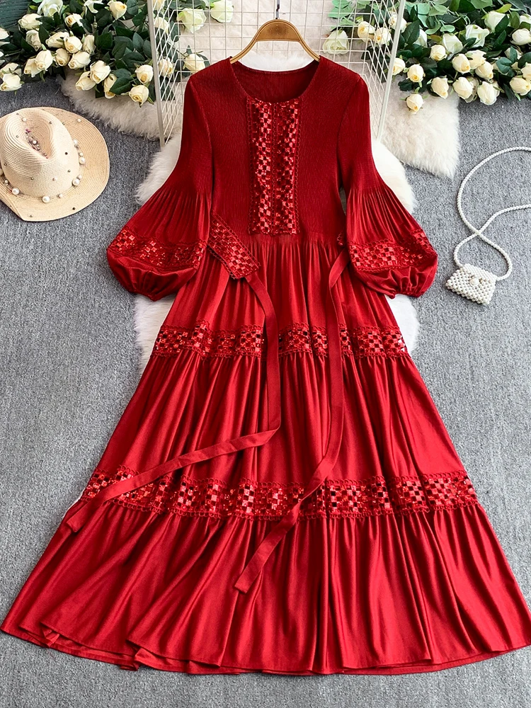 ربيع الخريف الفرنسية الرجعية قصر الدانتيل بريق مطوي فستان للنساء موضة جديدة حفلة كم طويل كبير فستان محكم من عند الصدر ويتدلى بشكل واسع S246 #3