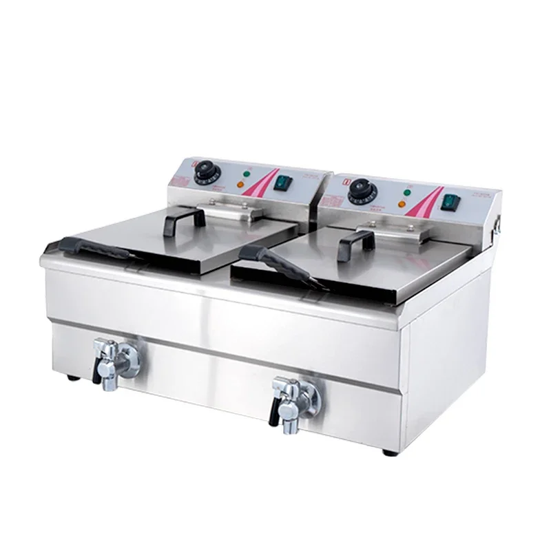 32L 10000W 220V Electric Deep Fryer, Double Commercial Stainless Steel, Heavy Duty Oil Drain Device