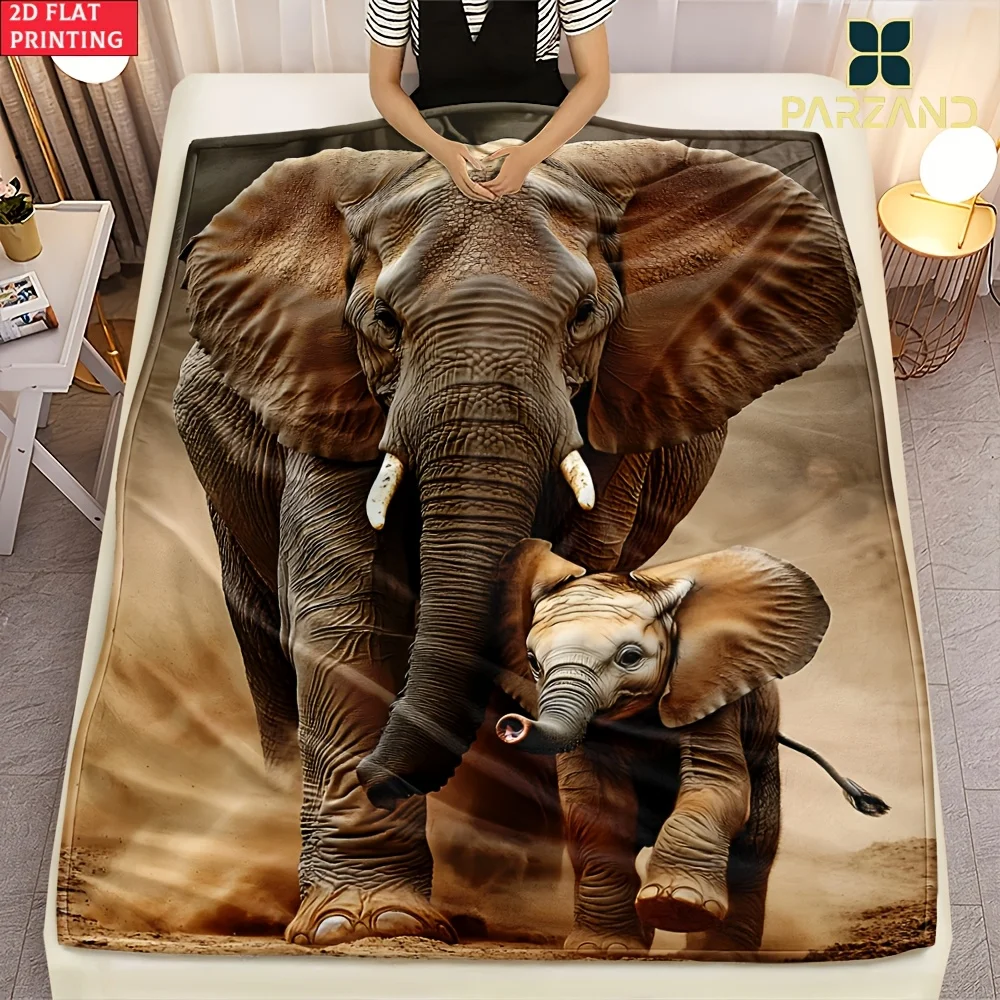 Custom Elephant Blanket Mother Baby Elephants Safari Wild Animal Design Personalized Name Fleece Throw All Season Soft Warm