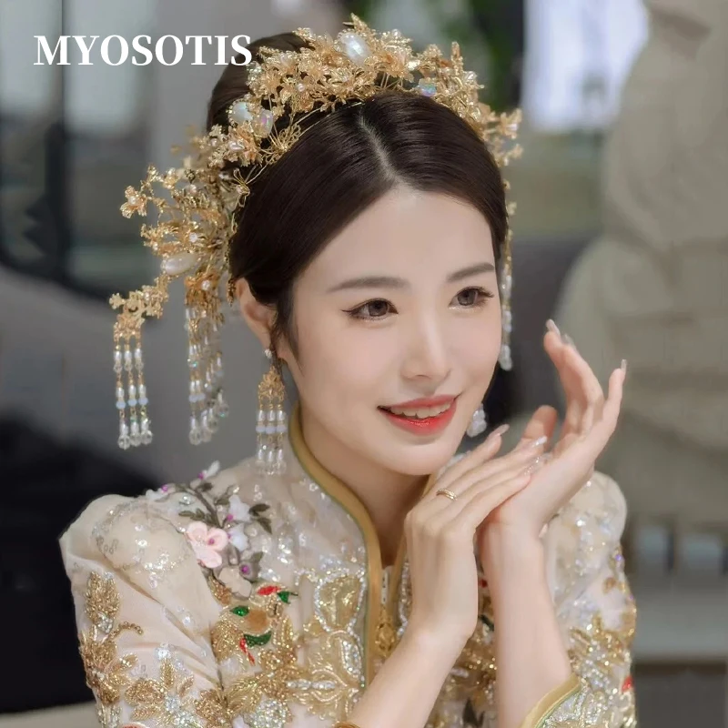 

Gorgeous Chinese Vintage Wedding Bridal Hair Accessory Traditional Gold/Red Color Flower Bride Hair Combs Tiaras Hairwear