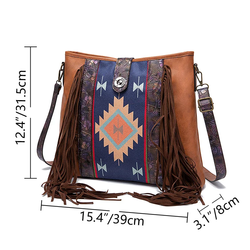 Retro Women Aztec Tote Bags with Tassels Large Capacity Ladies Shoulder Hobo Purses and Handbags with Detachable Crossbody Strap