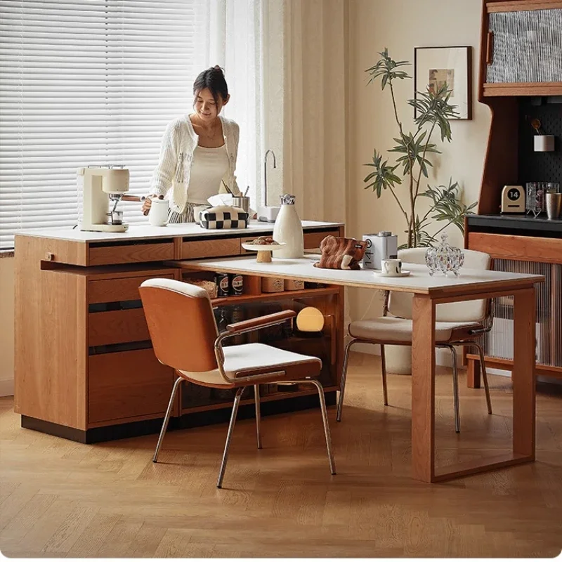 Solid wood island dining table integrated, rotatable rock slab household dining side cabinet, narrow Japanese-style