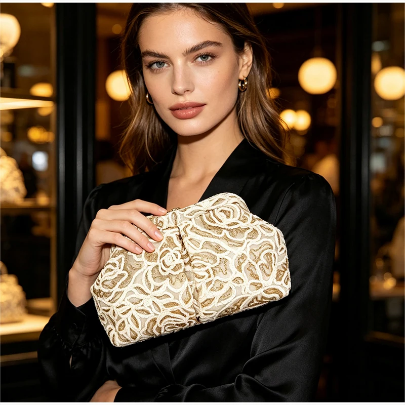 Clutch-Tasche mit floraler Spitze und Häkelverschluss, elegante Abendtasche für Damen für Hochzeit, Bankett und Party, schicke Kosmetiktasche. – Detail 12
