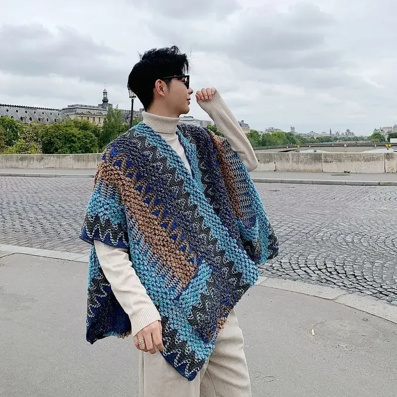 Man Poncho New Style Travel Photography Ethnic Minority Style Scarf Shawl Cardigan Versatile Outerwear for Man Gift