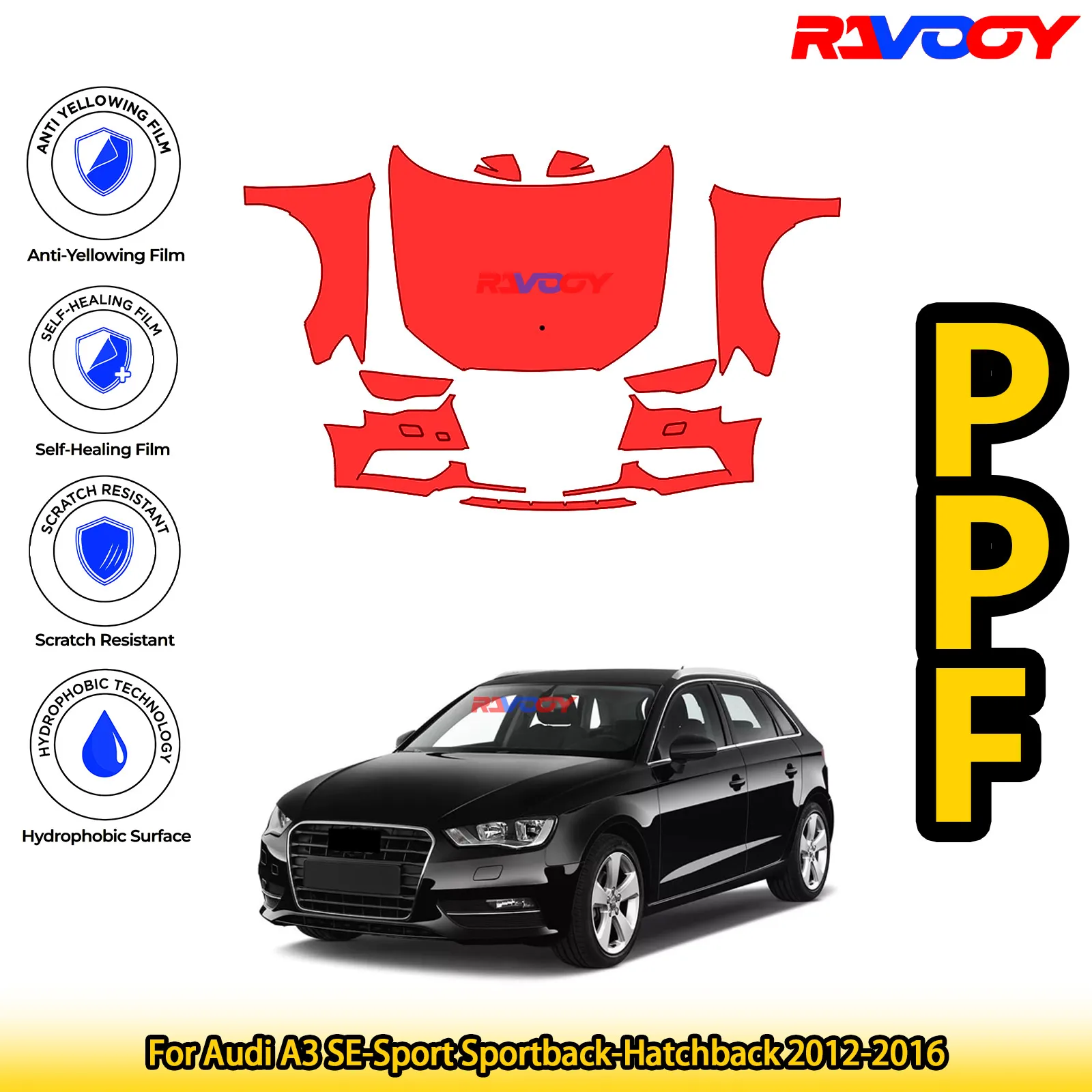 

For Audi A3 SE-Sport Sportback-Hatchback 2012-2016 Glossy Matte Black Precut front PPF Kit Paint Protection Film