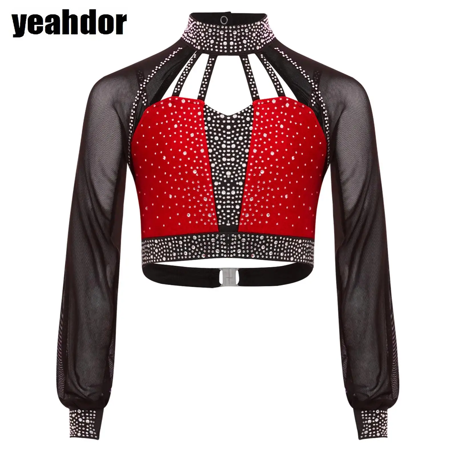 

Girls Gymnastics Dance Top Figure Skating Costume Sheer Mesh Long Sleeves Cutout Back Shiny Rhinestones Color Block Crop Tops