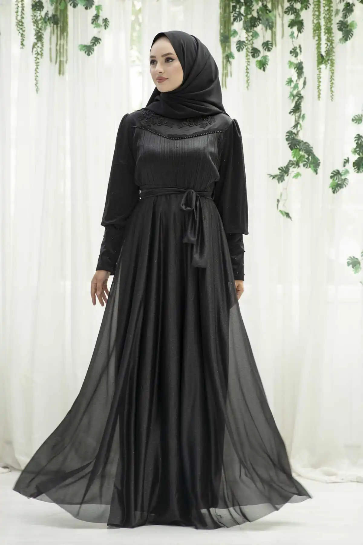 Filet lace Detaylı Silvery Chiffon Hijab Evening Dress Black