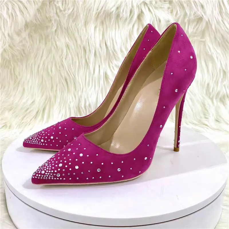 

Rose Red Slip On Diamond Pumps Thin High Heel Pointed Toe Fashion Sexy Summer Big Size 2024 Woman Shoes Zapatillas Mujer