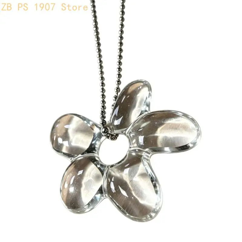 Bead Chain Flower Pendant Necklace with Glossy Translucent Charm and Open Floral Center for Casual Outfit Matching 55KA