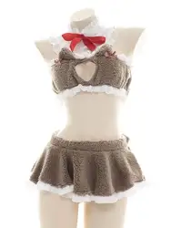 Fun Underwear Set Love Open Chest Cat Ear Plush Pajamas Women's Sexy Split Open Navel Two Piece Outfits For Women Summer NVHC