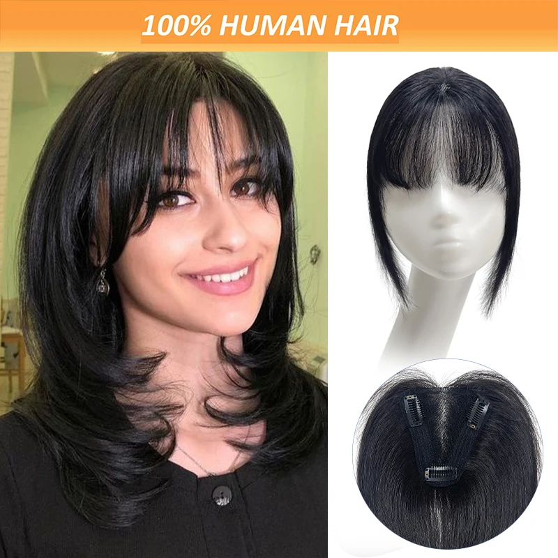 25cm 3.54*4 Inch Hairnet Human Hair Swiss Lace Pieces Clip in Hair Topper Extension with Bangs Black Dark Brown Top Wig Piece