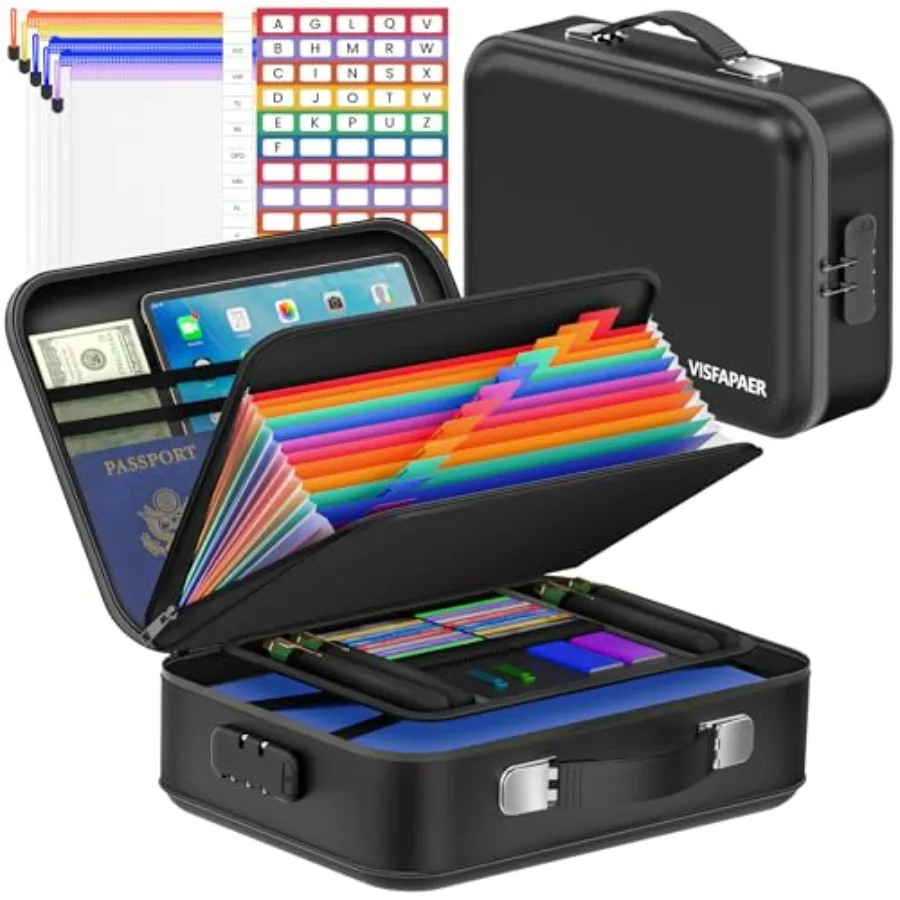 

Fireproof Document Box with Lock Waterproof Hard Shell File Organizer with 13 Pocket Accordion Folder for Important Documents L