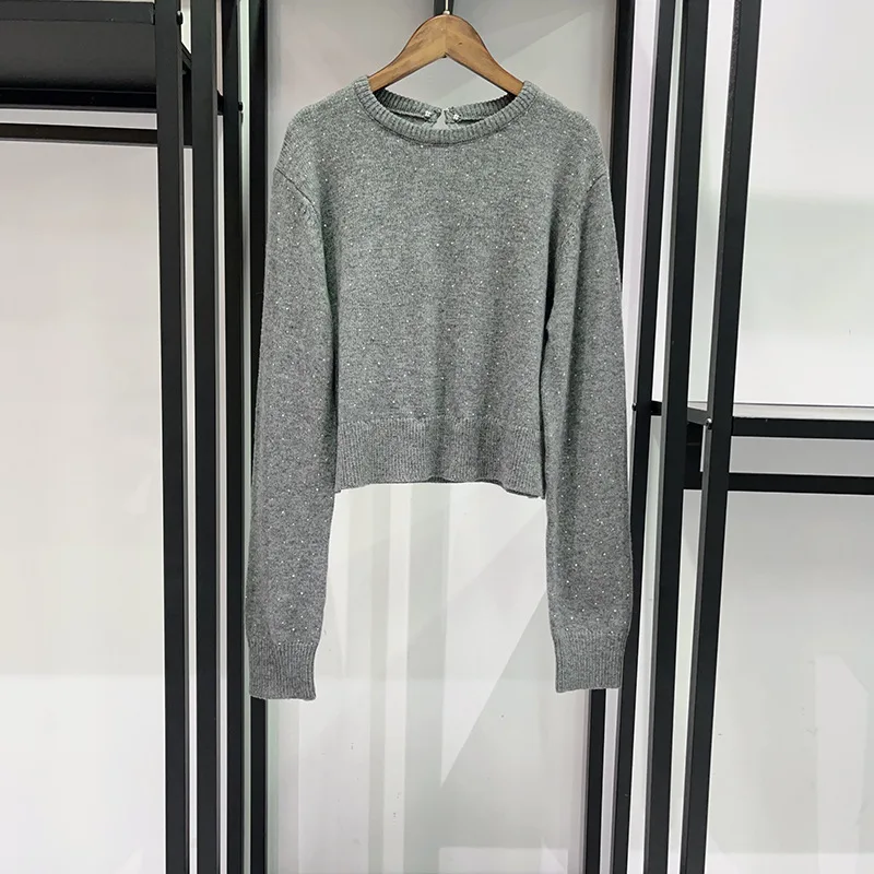 Fake Two-Piece Women Diamond Decoration Knitted Sweater Gray Detachable Plaid Turn-Down Collar Lady Knit Pullover 2026 Spring
