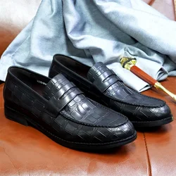 Men's Genuine Leather Penny Loafers Slip on Crocodile Pattern Handmade Leather Shoes Red Wedding Office Dress Men's Shoes