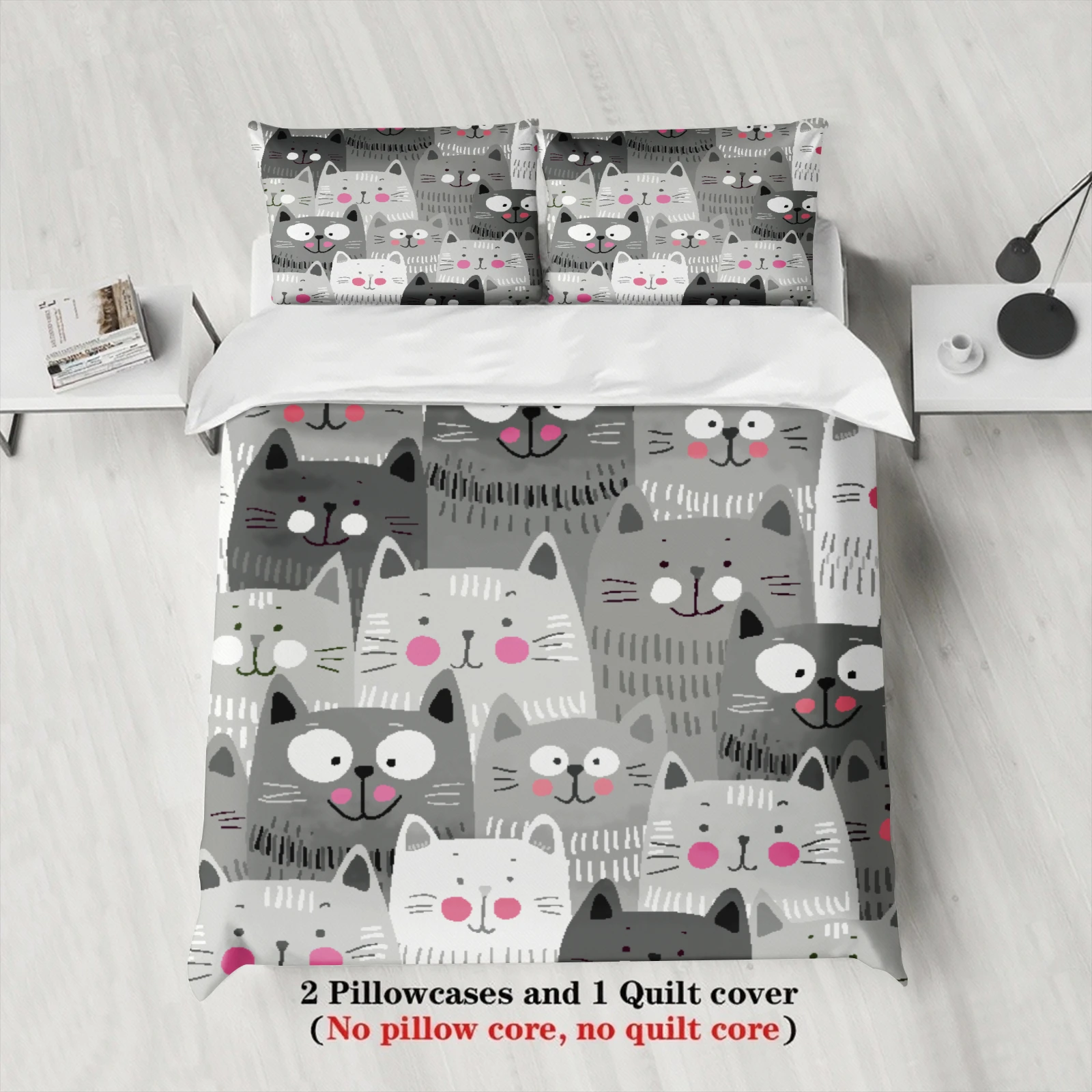 3pcs Cat Pattern Bedding Sets 3D Printed Pink And Gray Cats Single Twin Queen Size Duvet Cover Sets With Pillowcases No Filling