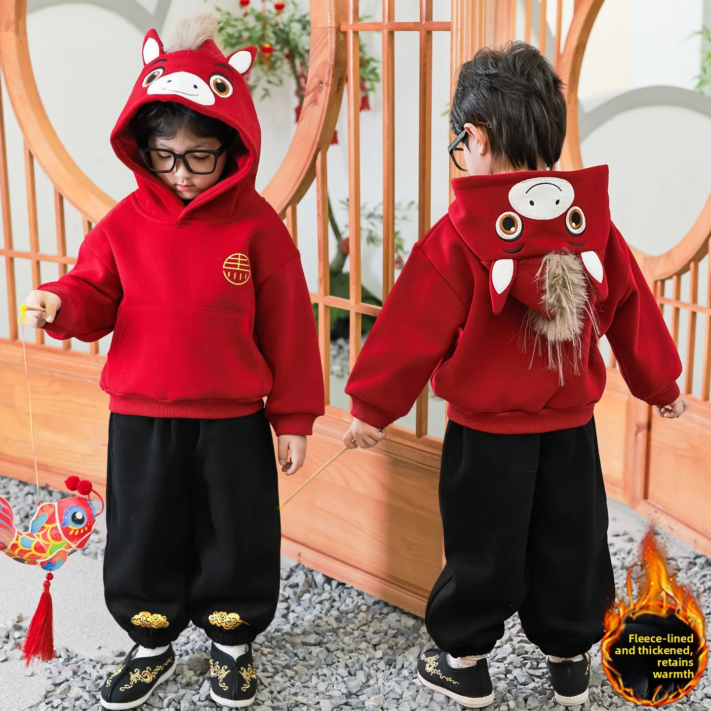 

Red Year Outfit for Boys Sweatirt Set Cartoon Design New Year Clothes ort Sve Casual Wear Summer Season