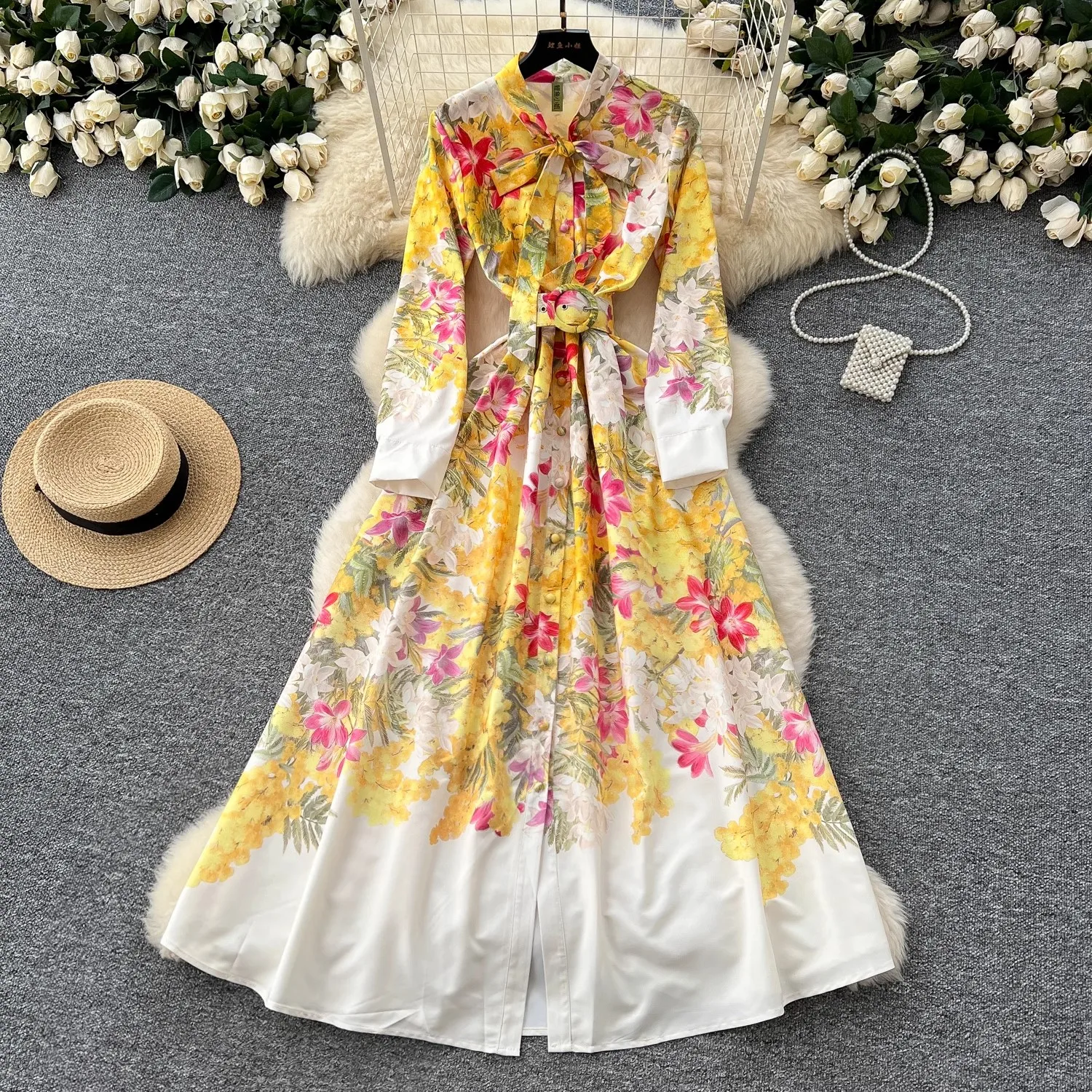 

Gorgeous Holiday Flower Maxi Dress 2025 New Women's Bow Neck Single Breasted Long Lantern Sleeve Floral Print Belt Robe Vestidos