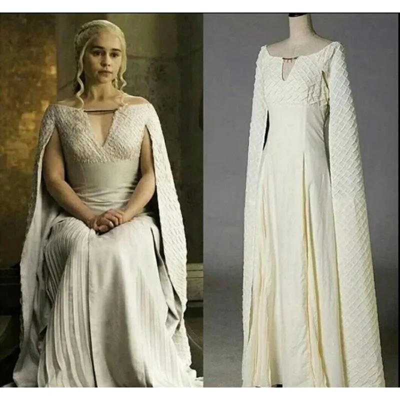 

Daenerys Targaryen Cosplay Costume Halloween Queen Costume with Cape Long White Dress Vintage Medieval Princess Dress Up Costume