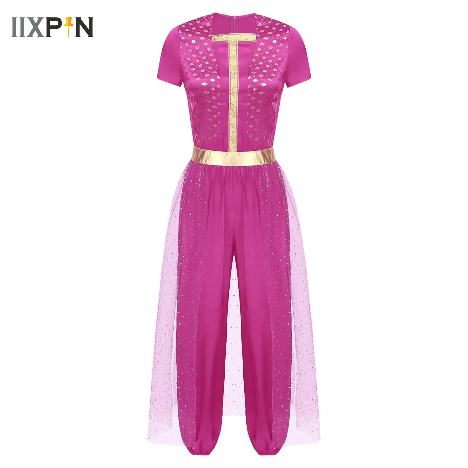 

Womens Cosplay Arabian Princess Costume Sequined Tulle Overlay Romper Jumpsuit Stage Dance Wear Halloween Carnival Party Clothes