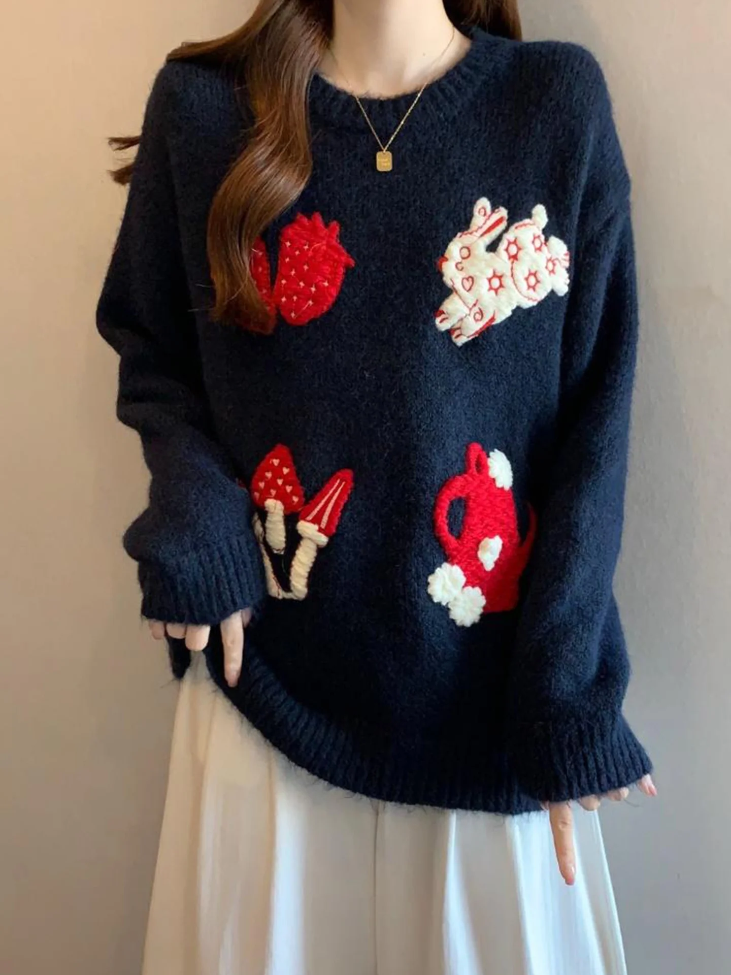 

Свободный вязаный свитер с вышивкой в виде мультяшного кролика для женщин, осенне-зимний, больших размеров, комфортный, в стиле оверсайз, с эффектом омоложения