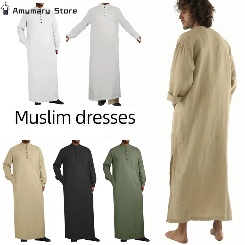 1Piece Long Sleeve Solid Color Men Muslim Robe Abaya Islamic Clothes Tunic Dress Long Sleeve Shirts Maxi Casual Men Clothing