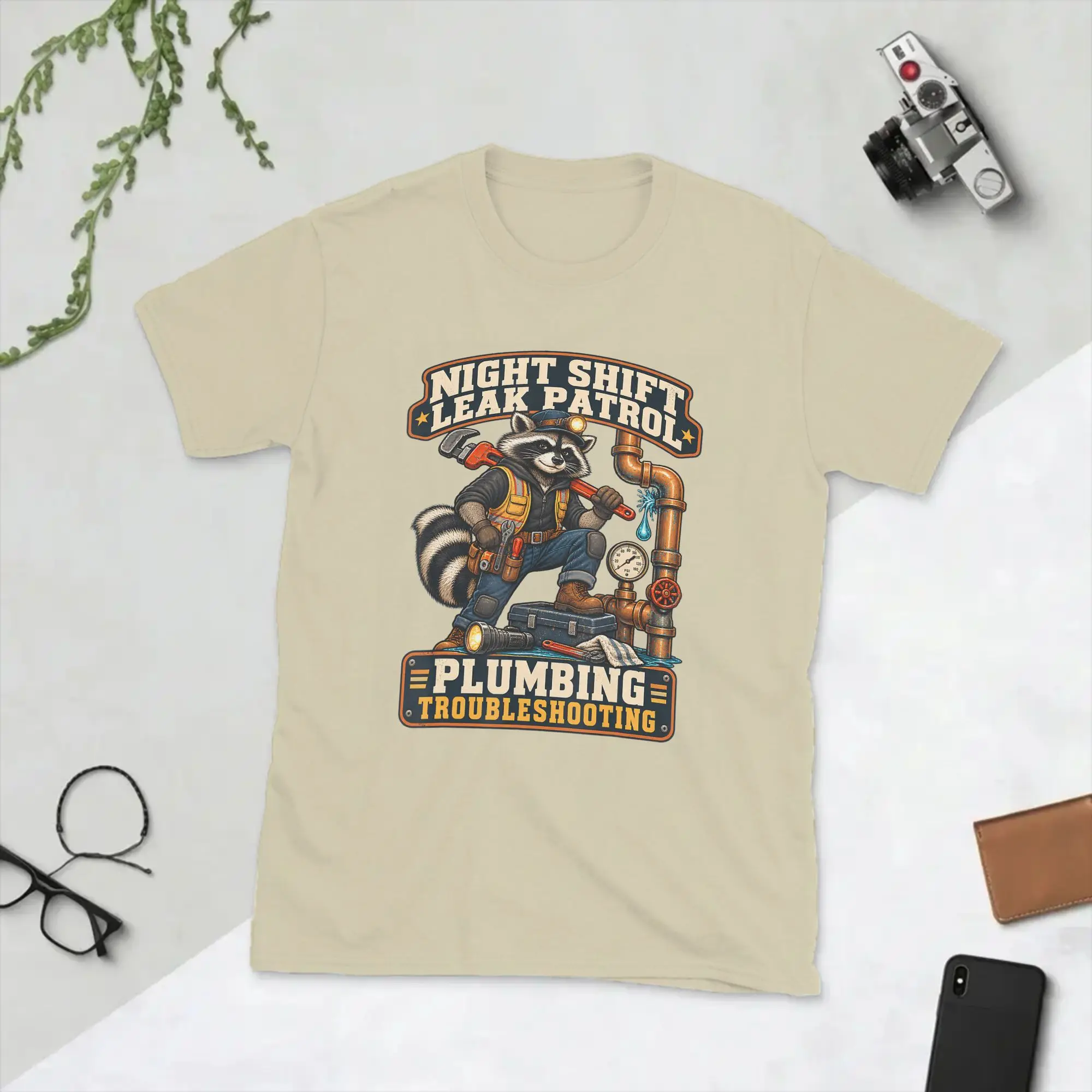 Raccoon Plumber Night Shift Leak Patrol Men's T Shirt  Leisure Tee Shirt Short Sleeve O Neck T-Shirts 100% Cotton New Clothes