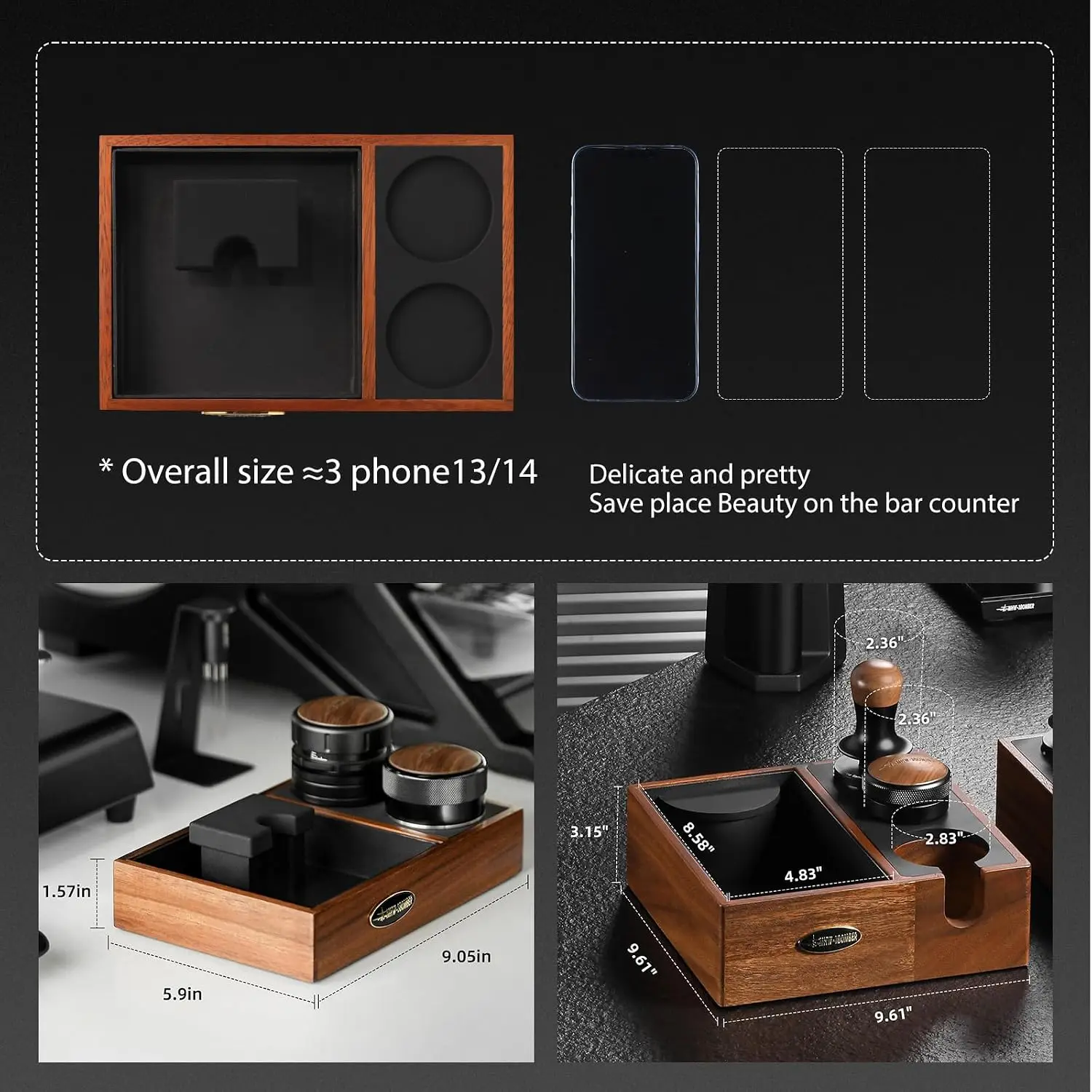 MHW-3BOMBER Espresso Tamping Station Wooden Espresso Station Organizer Coffee Knock Box 51/54/58mm Portafilter Holder Small