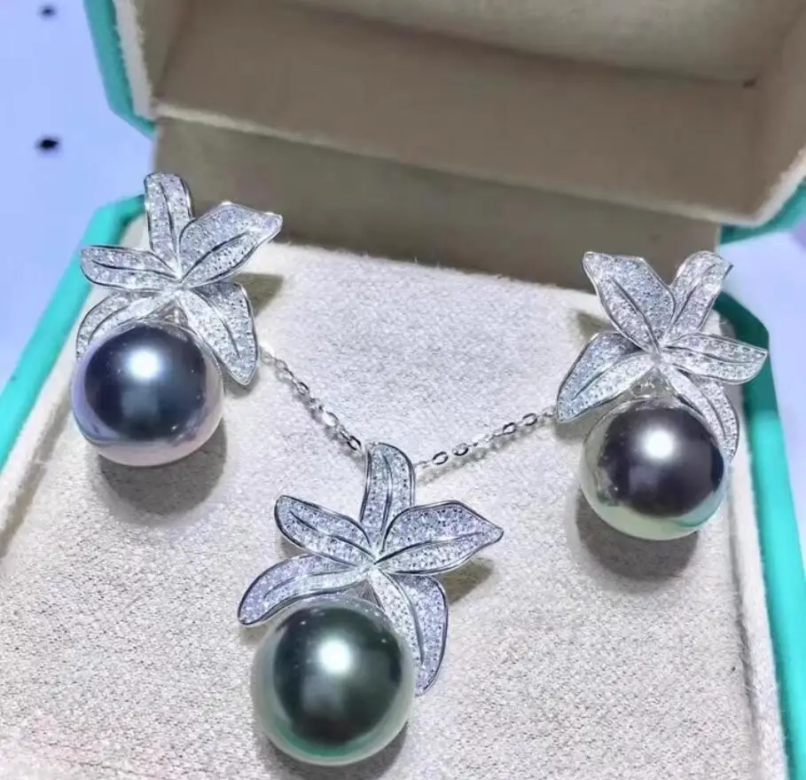 

Charming Set of 10-11mm natural south sea black perfect round pearl earring pendant 925s