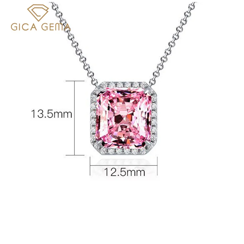 GICA GEMA 925 Sterling Silver 10*11mm Pink High Carbon Diamond 43cm Pendant Necklace For Women Sparkling Wedding Fine Jewelry