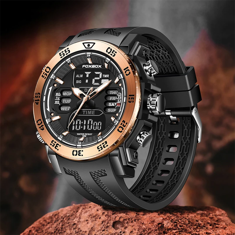 LIGE Luxury Men's Watch Quartz Dual Display Military Sport Men Watch Casual Silicone Strap Waterproof Luminous Men's Watches+Box