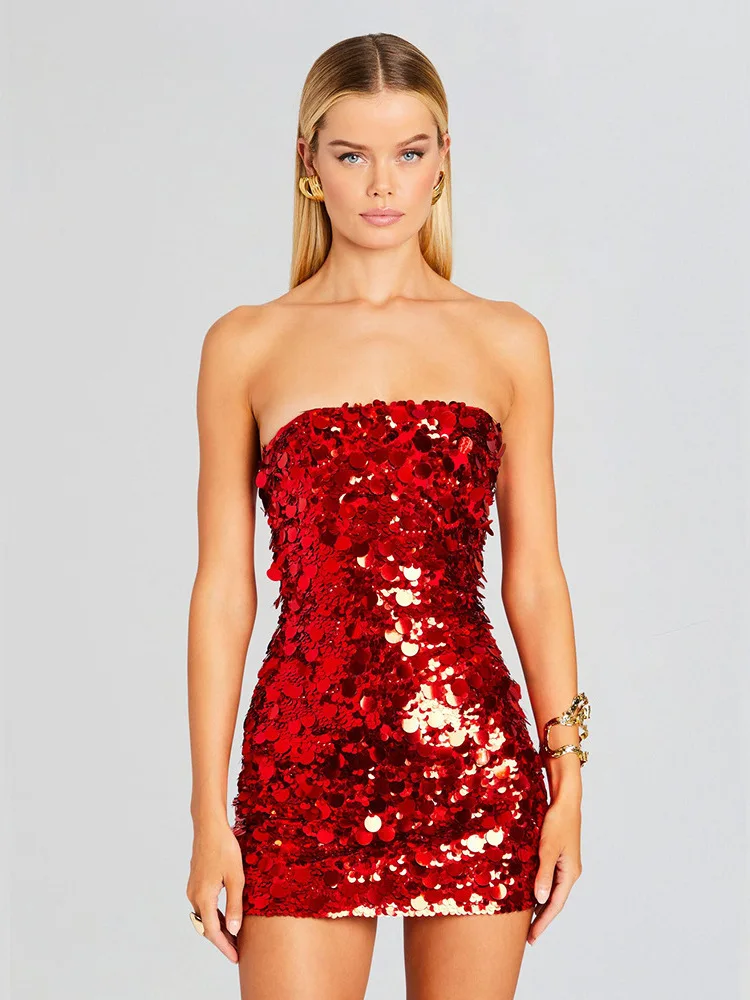 With Skirt Sequins New Sexy Chest Sequins Dress High-grade Temperament Package Hip Skirt Women\'s Gold Party Dresses