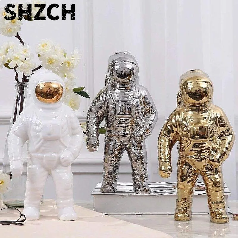 Space Man Sculpture Modern Cosmonaut Astronaut Ceramic Vase Desktop Decoration Living Room Foyer Craft