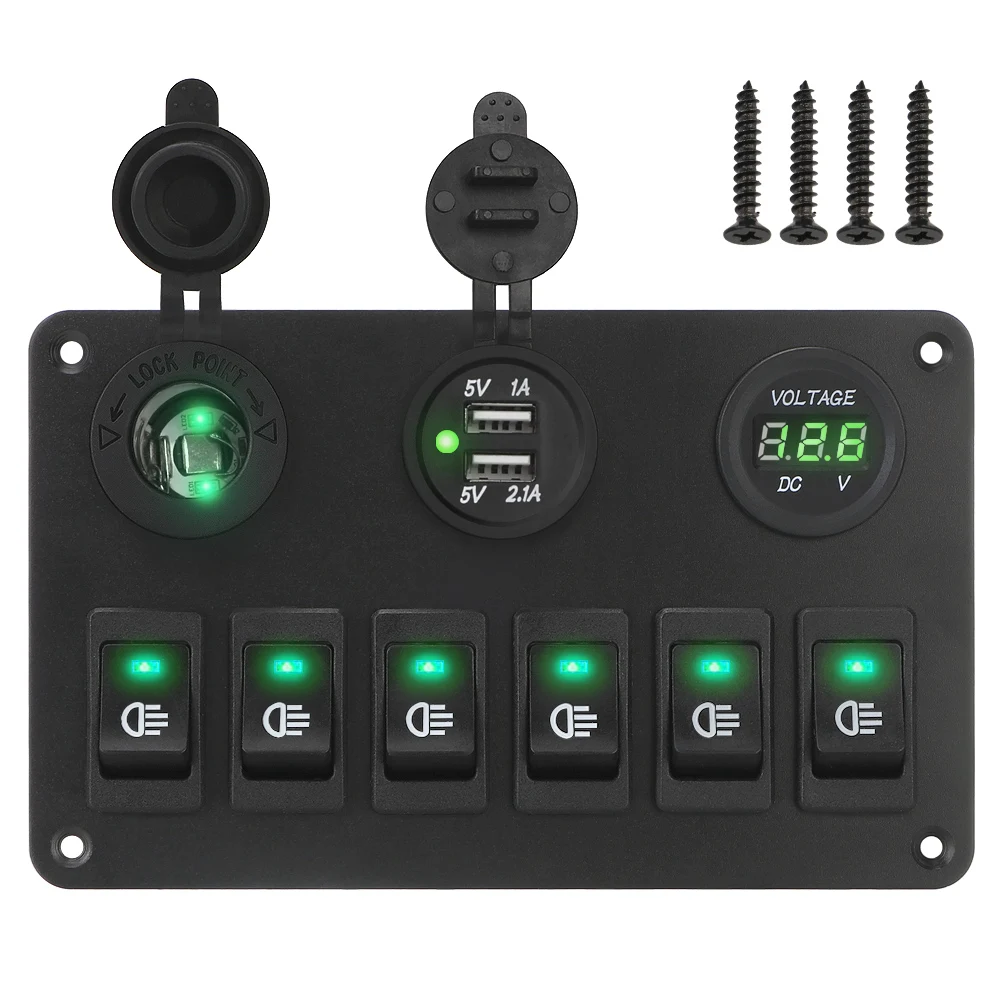 6 Gang Rocker Switch Panel LED Digital Voltmeter Waterproof Car Marine Circuit Breaker Dual USB Ports ON/OFF Lights DC 12V/24V