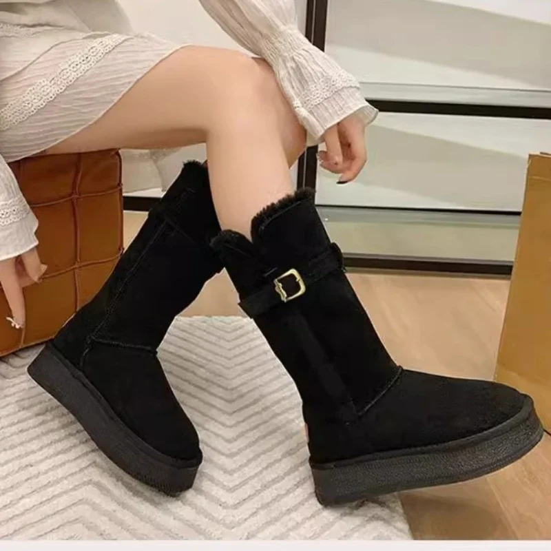 Winter Women's Keep Warm Plus Velvet Platform Mid Calf Boots Fashion Belt Buckle Flat Snow Boots for Women Outdoor Casual Shoes