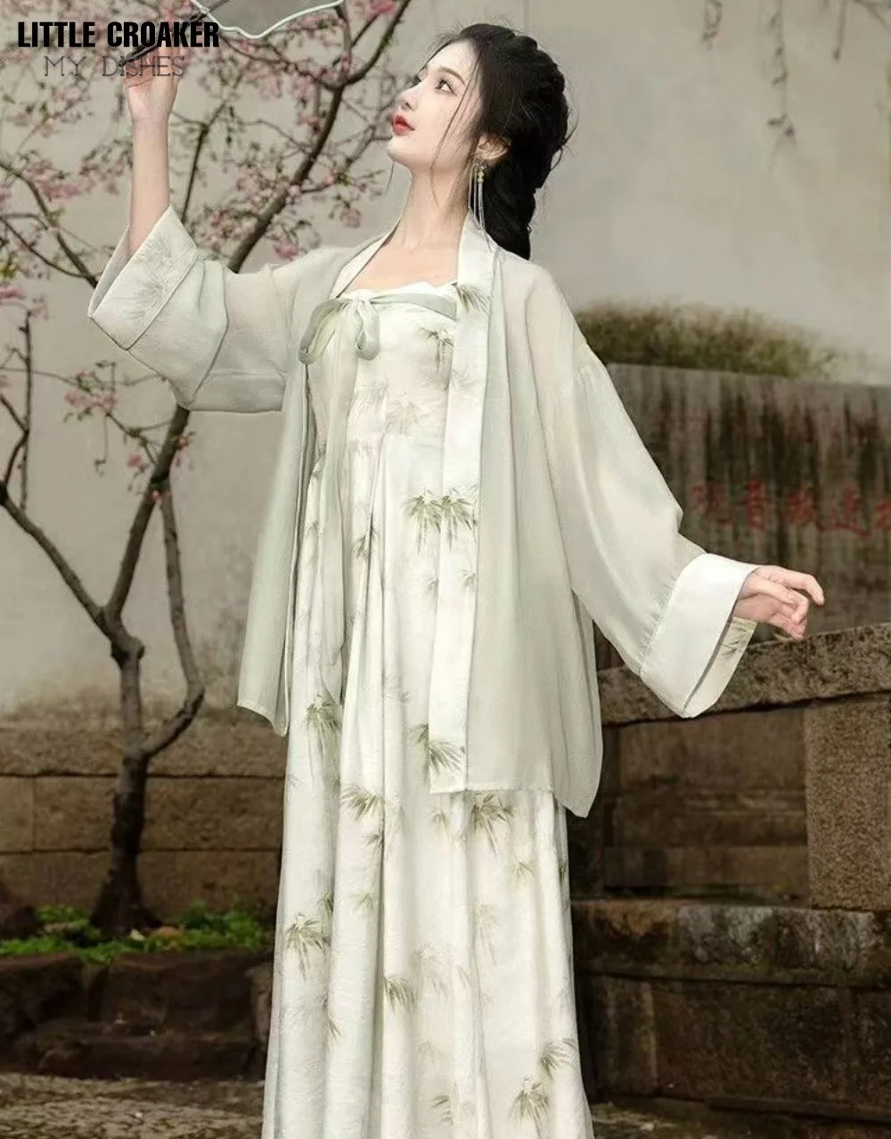 Summer Chinese Hanfu Dress 2pcs Improved Modern Style Traditional Bamboo Printed Cardigan Coat+ Dress 2pcs Sets Hanfu Female