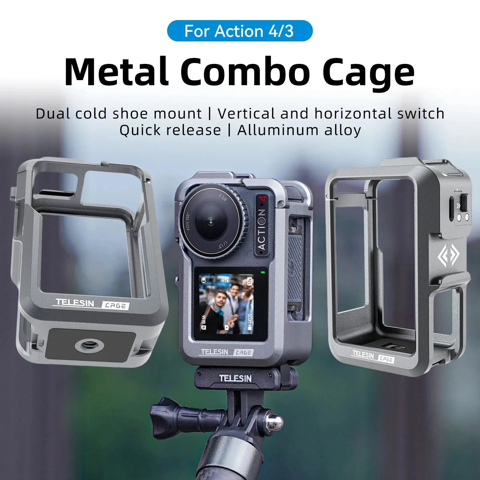 

TELESIN Aluminium Alloy Protective Frame Case for DJI Osmo Action 4 3 Camera Metal Cage Quick Release Mount with Dual Cold Shoe