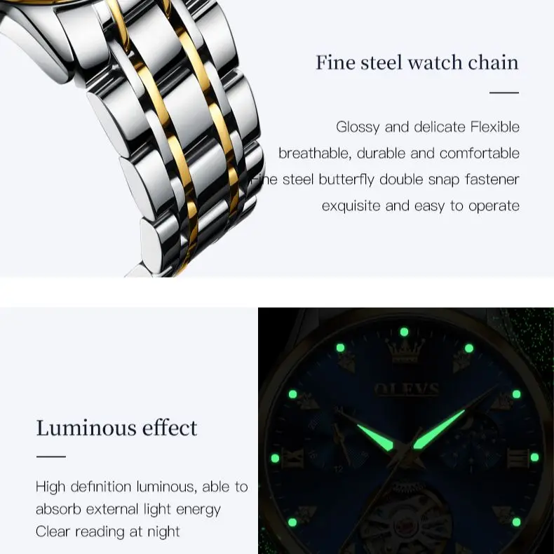 OLEVS Automated Mechanical Women\'s Watch Skeleton Hollow Moon Phase Date Display Elegant Luxury Watch for Ladies Original