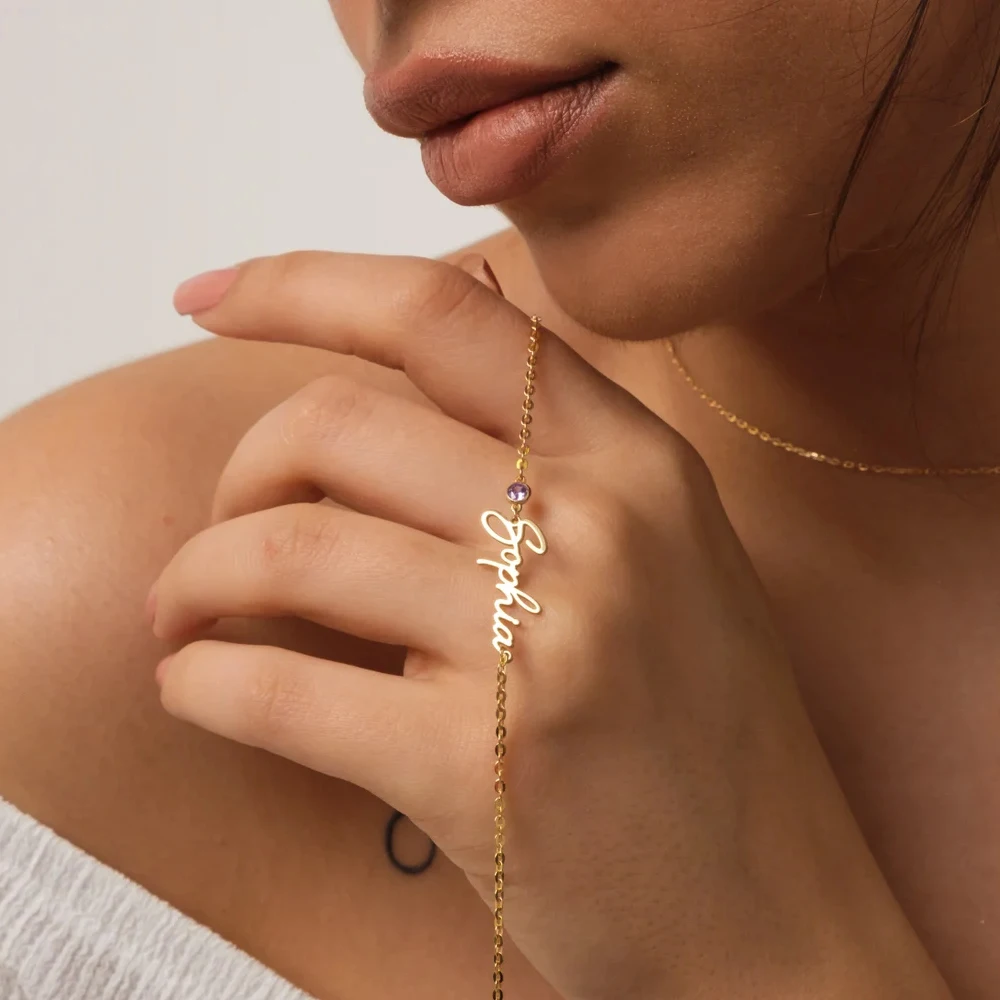 Lemegeton Персонализированный браслет из камня по месяцу рождения, изящный кулон с именем на заказ, ювелирные изделия из нержавеющей стали для женщин, девушек, мам, подарки на день рождения