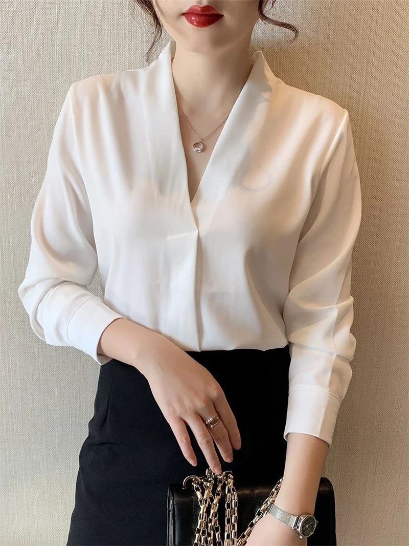 Women Spring Autumn Style Blouses Shirts Lady Office Wear OL Long Sleeve V-Neck Solid Color Blusas Tops WY1004