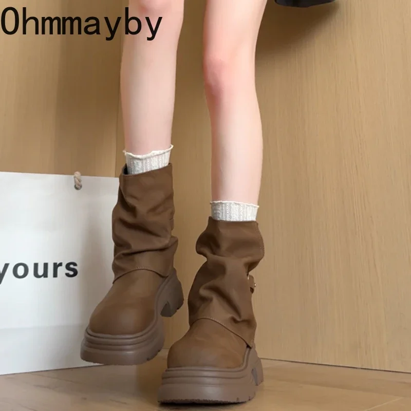 Fashion Thick Bottom Women Short Boots Punk Style Belt Buckle Slip On Shoes Autumn Winter Women's Motorcycle Booties